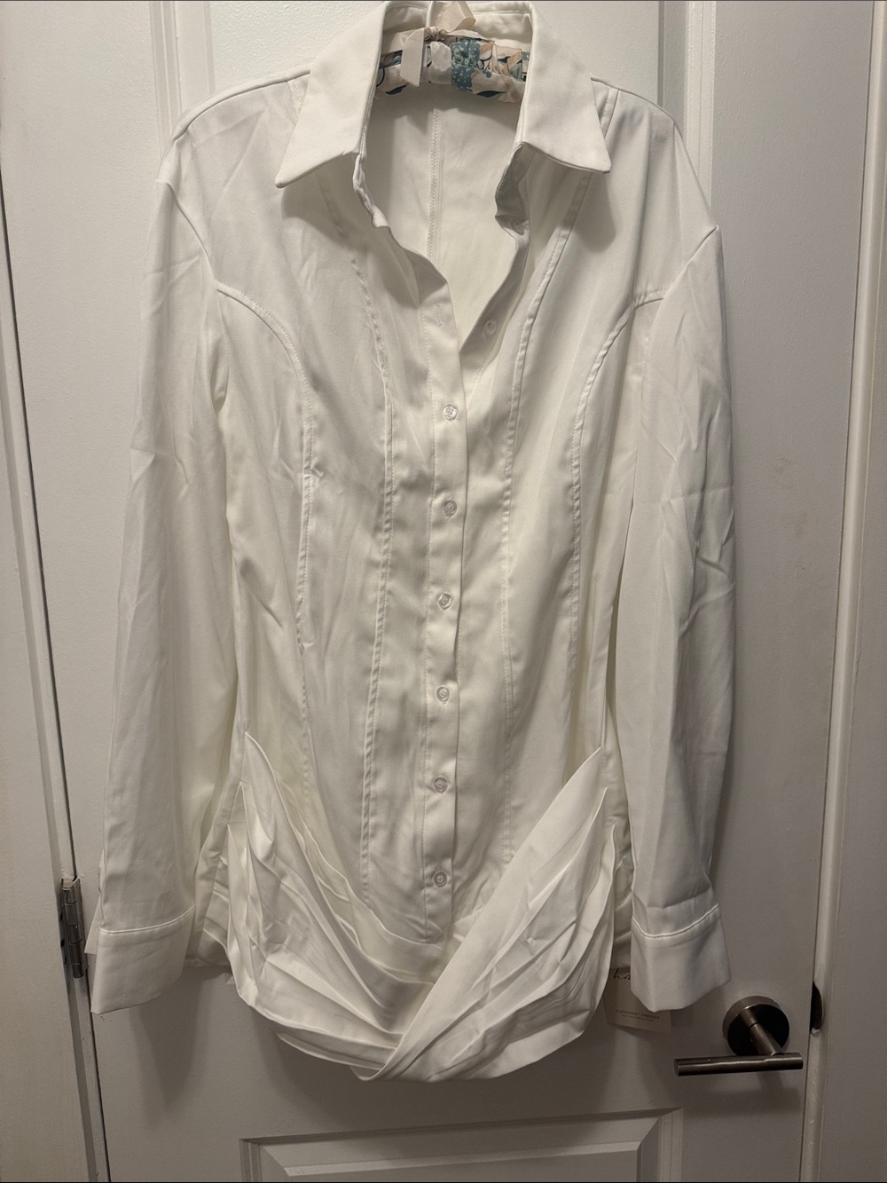 White Mini Dress Shirt with Draped Hem